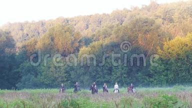 六友骑马在大自然的背景下，雾蒙蒙的森林在八月的清晨
